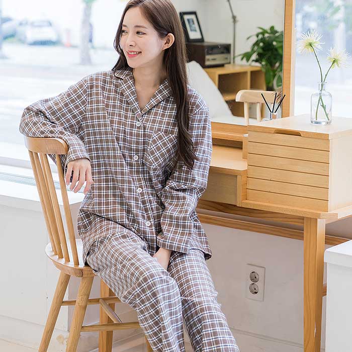 201863 여자잠옷 상하세트 선염 양기모 면 잠옷 긴팔잠옷 홈웨어 파자마